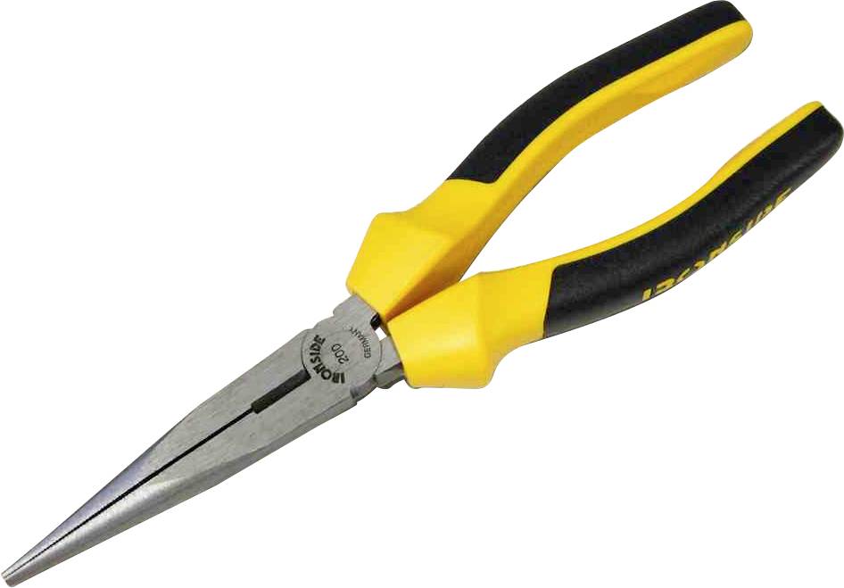 Gelb-schwarze Spitzzange mit Metallspitzen. Werkzeug für präzises Greifen und Schneiden, oft in Handwerksarbeiten verwendet.