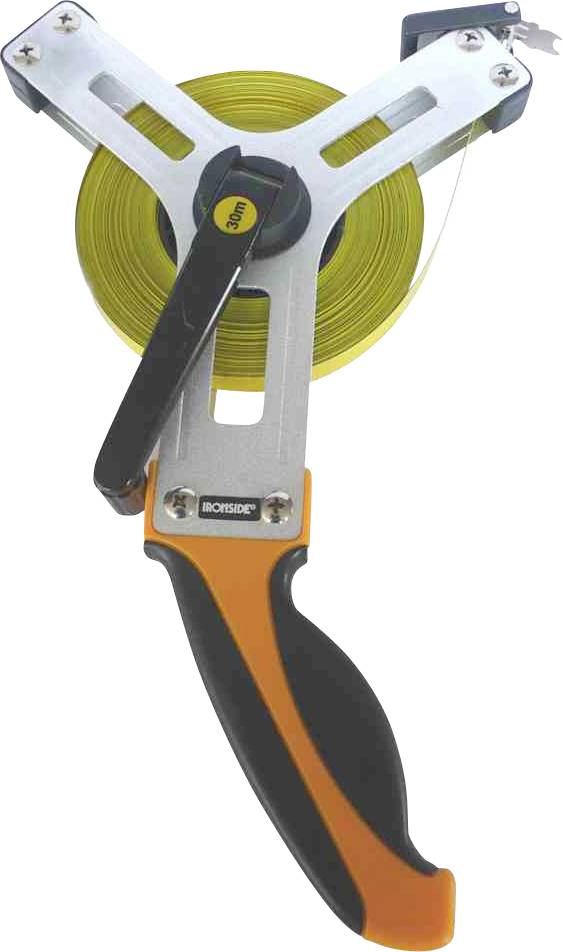 Messband mit einer Länge von 30 Metern, gelb, mit schwarzem und orangefarbenem Griff.