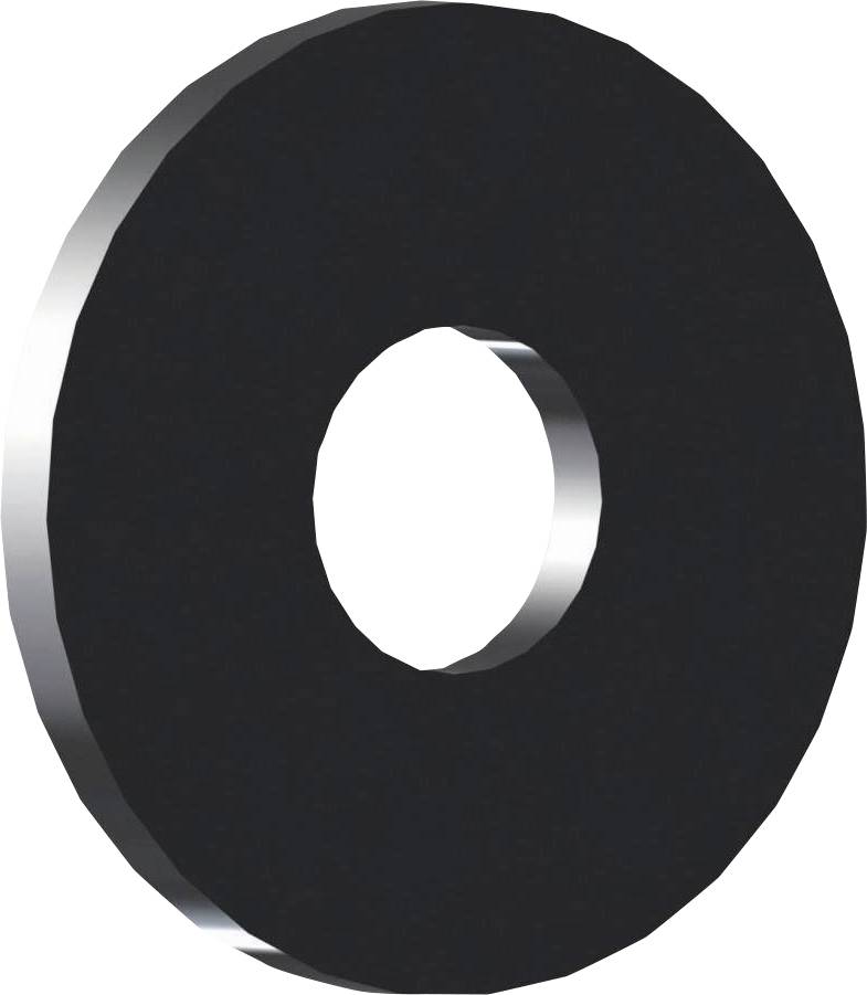 Schwarze scheibenförmige Unterlegscheibe mit einem Loch in der Mitte, seitlich leicht schattiert, typisch für mechanische Verbindungen.