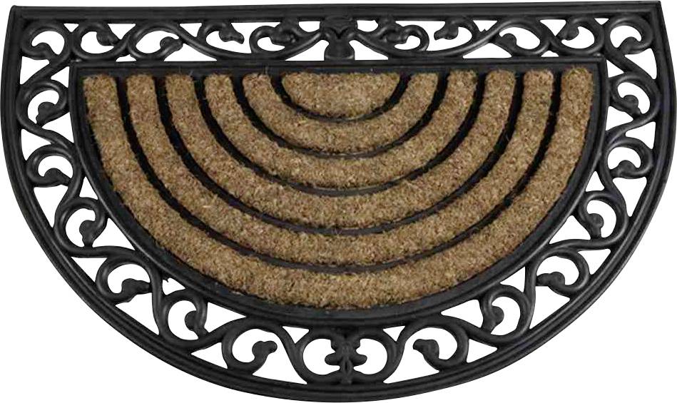 Halbrunde Fußmatte aus Gummi mit geschwungenen, dekorativen Mustern am Rand und konzentrischen Bögen aus Kokosfasern im Inneren.