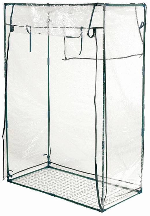 Ein transparentes Plastikgewächshaus mit Metallrahmen und Reißverschlusstür, geeignet für den Schutz und Anbau von Pflanzen.