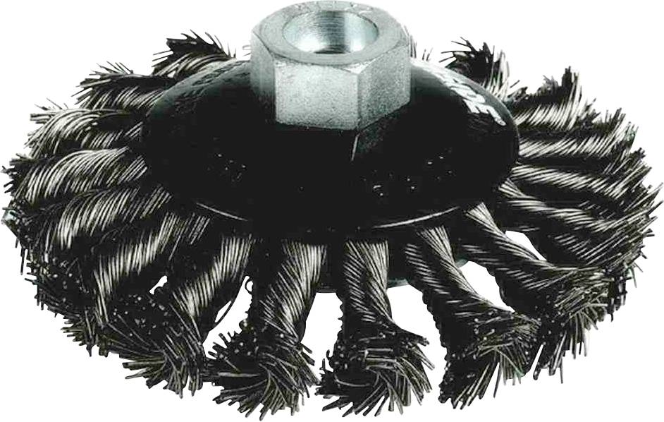 Rundbürste mit verdrillten Drahtbürsten und einem zentralen Metall-halter. Ideal zum Entrosten oder Reinigen von Oberflächen.
