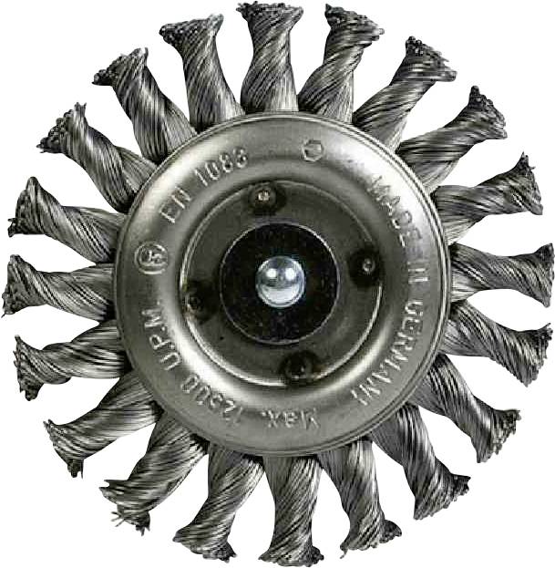 Drahtbürstenscheibe mit verdrehten Drahtbündeln und Metallmitte, verwendbar zum Reinigen oder Schleifen von Oberflächen.