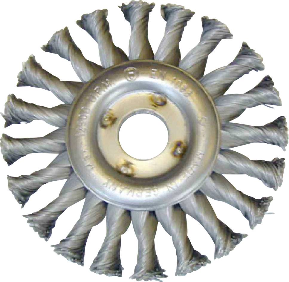 Runde Drahtbürste mit verdrillten Borsten, symmetrisch angeordnet um eine zentrale Öffnung, zur Reinigung von Oberflächen.