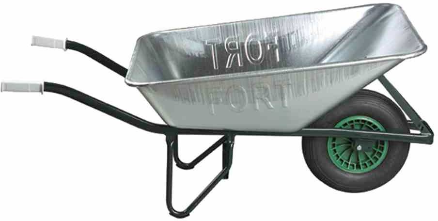 Eine silberne Schubkarre mit einem grünen Rad und zwei schwarzen Griffen.