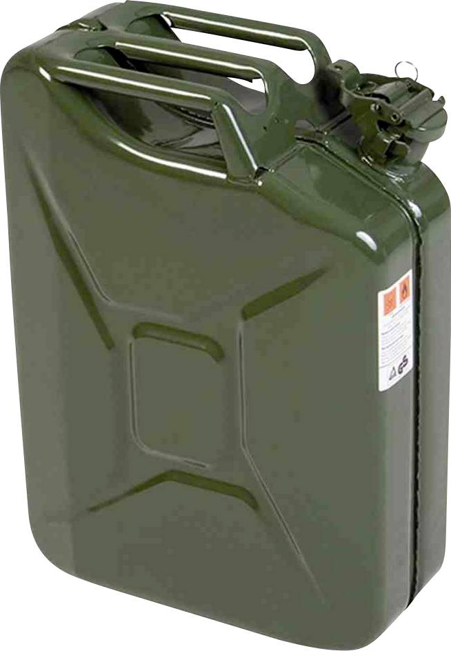 Ein grüner Benzinkanister aus Metall mit Schraubverschluss, geeignet für die Lagerung und den Transport von Kraftstoff.