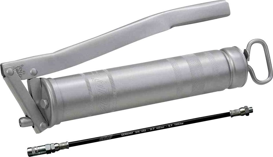 Eine silberne Handhebel-Fettpresse mit langem Schlauch und Düse; eignet sich zum Schmieren von Maschinenteilen.