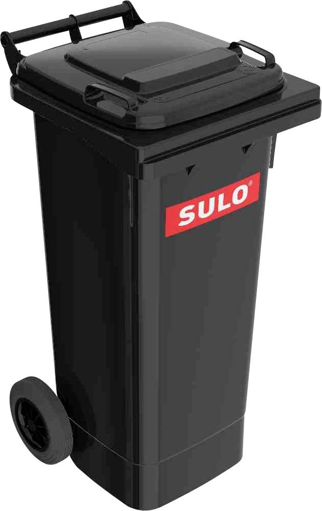 Eine schwarze Mülltonne mit schwenkbarem Deckel und zwei Rädern. Auf der vorderen Seite befindet sich ein rotes Logo mit dem Text 'SULO'.