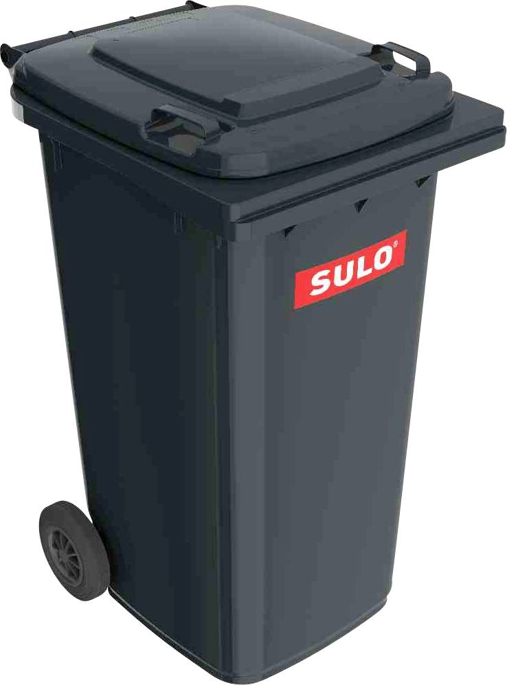 Eine dunkelgraue Mülltonne mit Rädern und einem roten 'SULO'-Logo auf der Vorderseite.