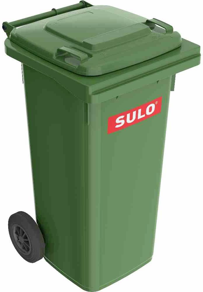 Grüne Mülltonne mit der Aufschrift 'SULO', auf zwei Rädern, mit Deckel.
