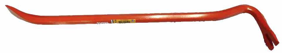 Ein rotes Brecheisen aus Metall mit einer gebogenen und einer flachen Spitze, typisch für Hebelarbeiten oder zum Aufbrechen von Objekten.