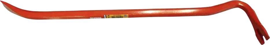 Ein rotes Brecheisen mit gebogenen Enden, eines davon flach und das andere leicht abgewinkelt, liegt auf weißem Hintergrund.