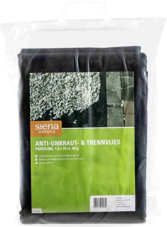 Verpackung von 'Siena Garden Anti-Unkraut- & Trennvlies', zeigt Abbildungen von Schotter und Pflastersteinen, Maße 1,5 x 10 m.
