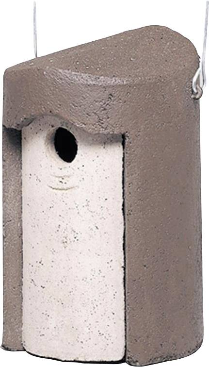 Ein braunes hölzernes Vogelhaus, aufgehängt, mit einem kleinen runden Eingang.