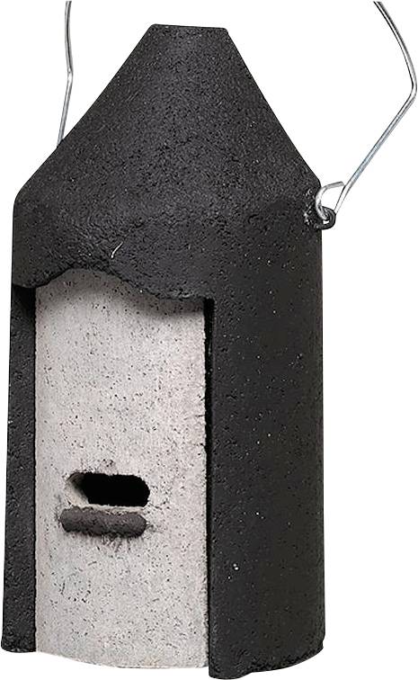 Ein zylindrisches, schwarzes Vogelhaus mit Spitzdach und kleinem Eingang. Oben eine Metallöse zur Aufhängung.