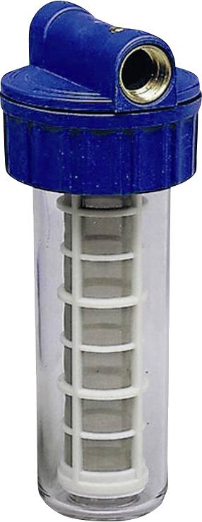 Ein transparenter Wasserfilter mit blauem Deckel, sichtbarem weißen Filterelement im Inneren, für Haushalts- oder industrielle Anwendungen.