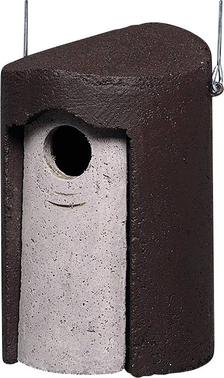 Braunes und beiges Vogelhaus mit runder Öffnung, Sicherheitshaken oben angebracht.