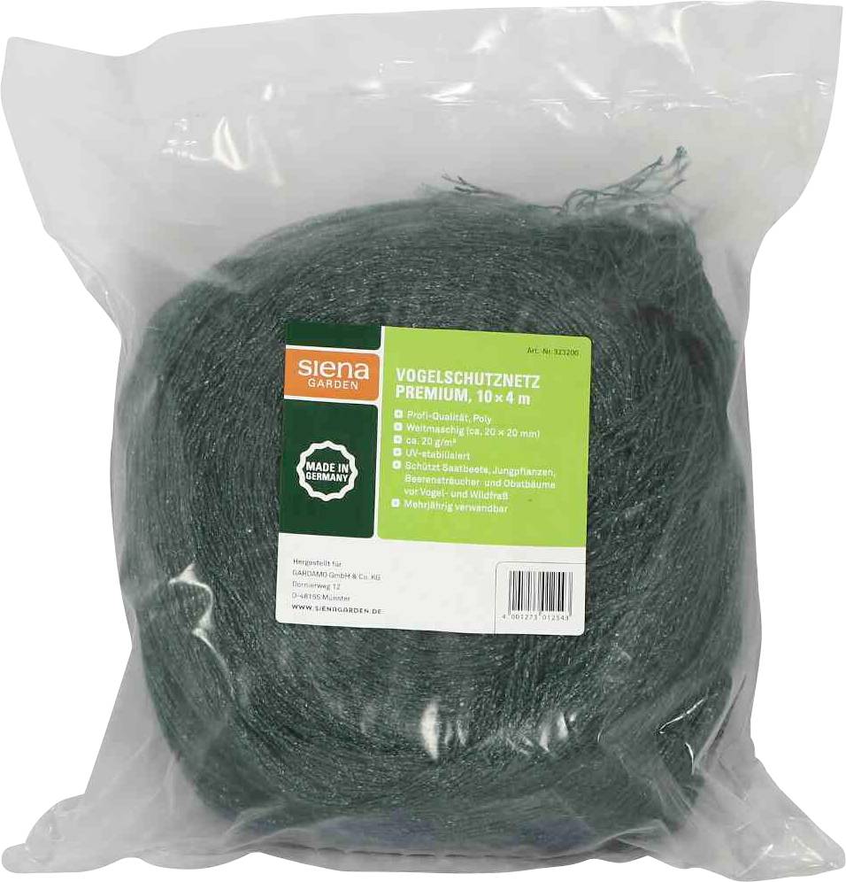 Großes, grün-schwarzes Vogelschutznetz von Siena Garden in Verpackung; Maße 10 x 4 m; schützt Obstbäume und Beete vor Vögeln.