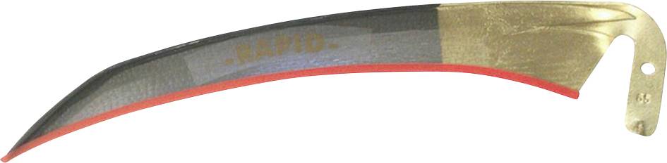 Das Bild zeigt eine gebogene, zweifarbige Werkzeugklinge mit der Aufschrift 'Rapto'. Links ist die Klinge dunkel, rechts metallisch glänzend.