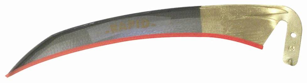 Metallische Sichelklinge mit roter Kante und goldfarbenem Griff, für den Einsatz in der Landwirtschaft.