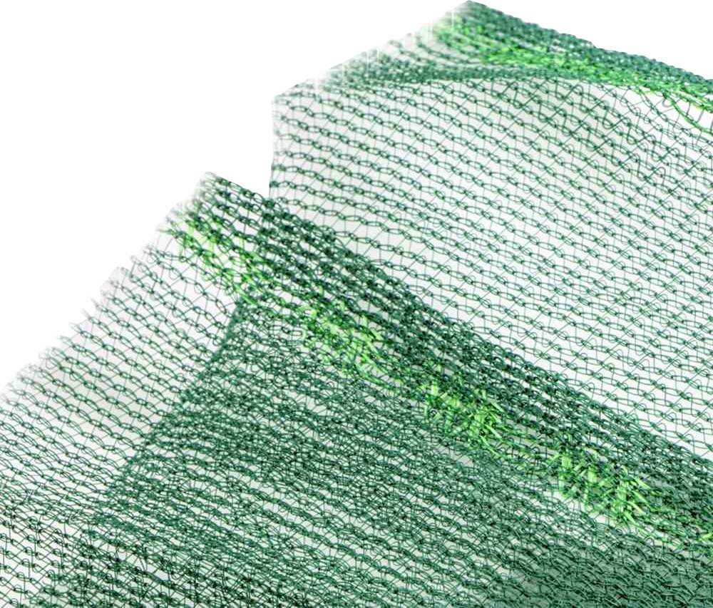 Grünes plastisches Netzgewebe, diagonal überlagert, mit klar sichtbaren Maschen und Lichtdurchlässigkeit.
