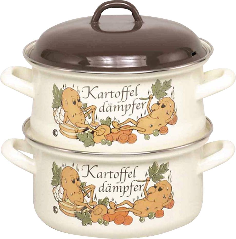 Zwei übereinander gestapelte Töpfe mit einer Illustration von Kartoffelfiguren, Gemüse und der Aufschrift 'Kartoffel dämpfer'.