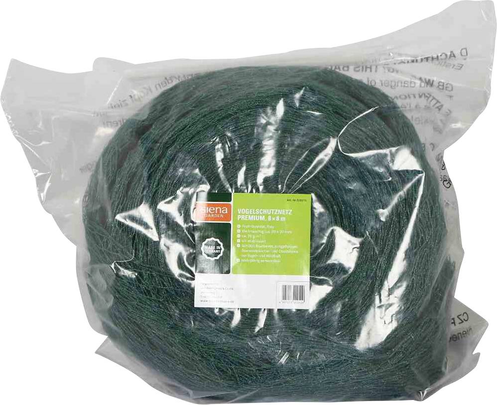 Ein verpacktes Bündel grünes Vogelschutznetz, markiert mit einem Etikett, das die Marke 'siena garden' und das Maß '8 x 8 m' anzeigt.