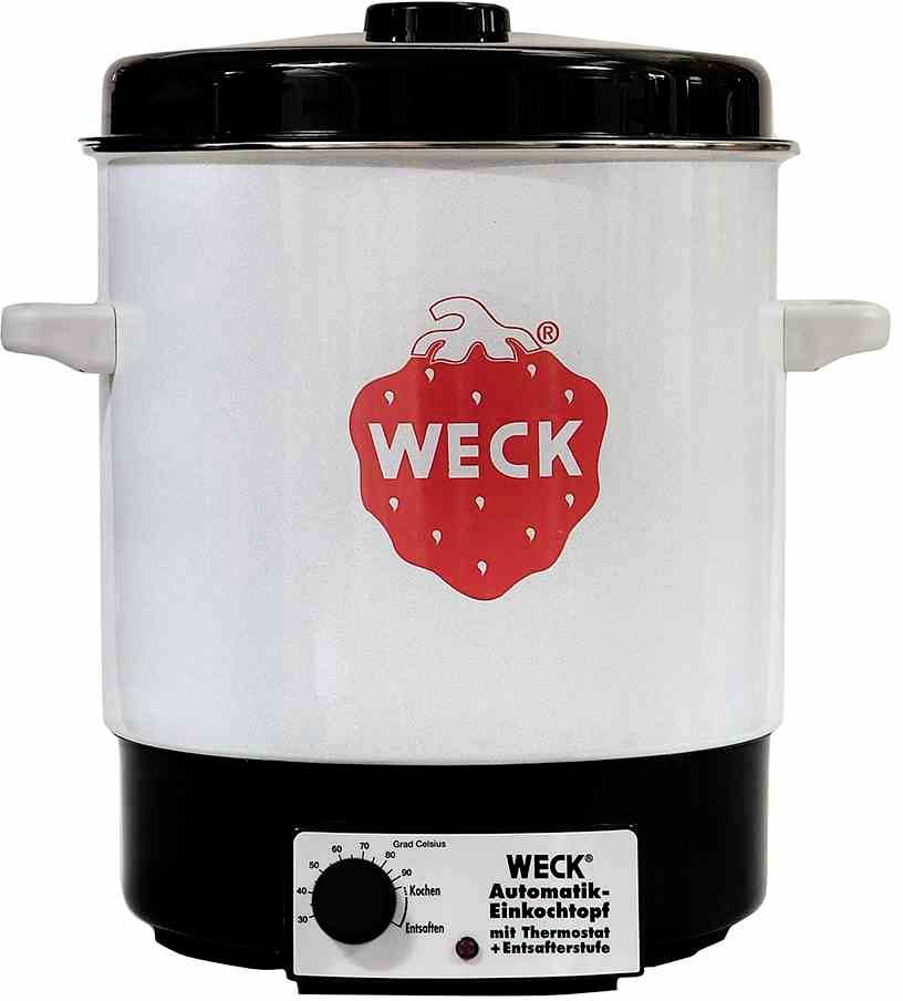 Weißer Einkochtopf der Marke 'WECK' mit schwarzen Deckel und Kontrollknopf. Der Topf hat Griffe an den Seiten und Thermostat.