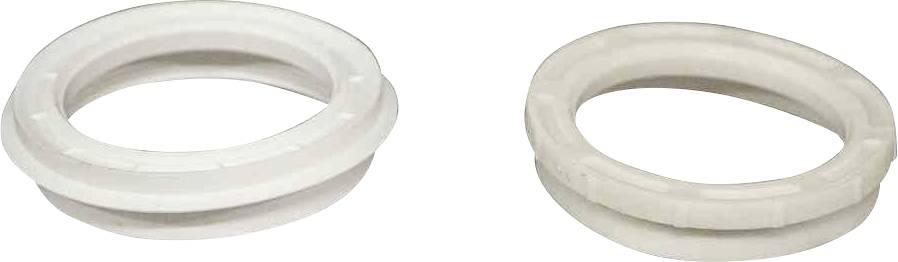 Zwei weiße Kunststoffringe, von denen einer flach und der andere leicht verzogen ist.  Sie liegen nebeneinander auf einem neutralen Hintergrund.