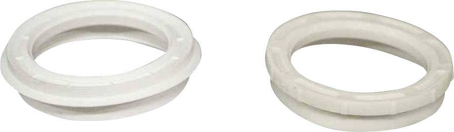Zwei weiße, runde Kunststoffdichtungen, eine flach und die andere leicht gebogen, auf weißem Hintergrund.