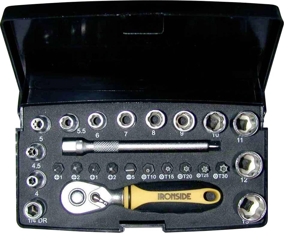 Steckschlüsselsatz mit 20 Bits und Ratschenschlüssel in schwarzer Box. Enthält diverse Kopfgrößen, ideal für Reparaturarbeiten.