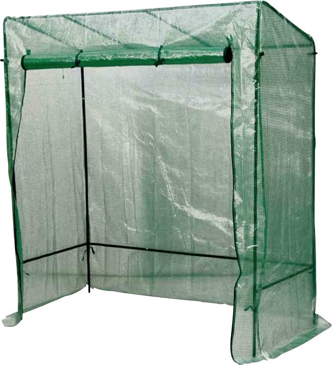 Ein kleines, grünes Gewächshaus aus Netz und Folie, mit einem rollbaren Frontfenster, geeignet für den Schutz von Pflanzen.