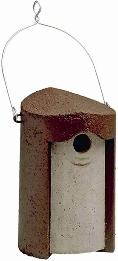Braunes, hängendes Vogelhaus aus Holz und Beton mit rundem Eingang; für Nistvögel geeignet.