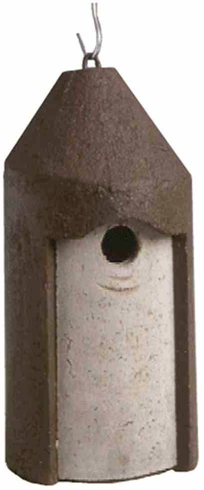 Beton-Nistkasten mit braunem Dach und grauer Vorderseite, geeignet für kleine Vögel.