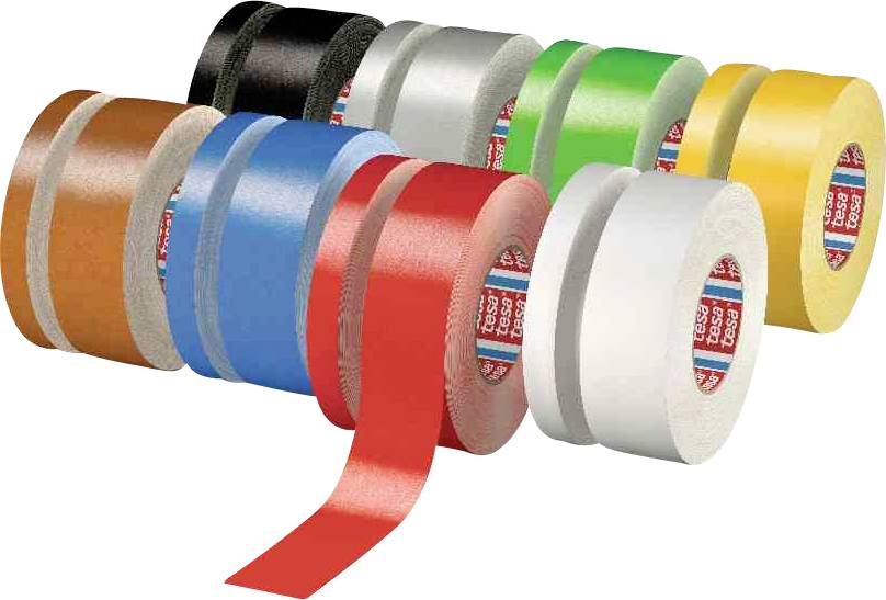Elf Rollen Klebeband in verschiedenen Farben: Braun, Blau, Rot, Schwarz, Silber, Grün, Gelb und Weiß, aufrecht angeordnet.