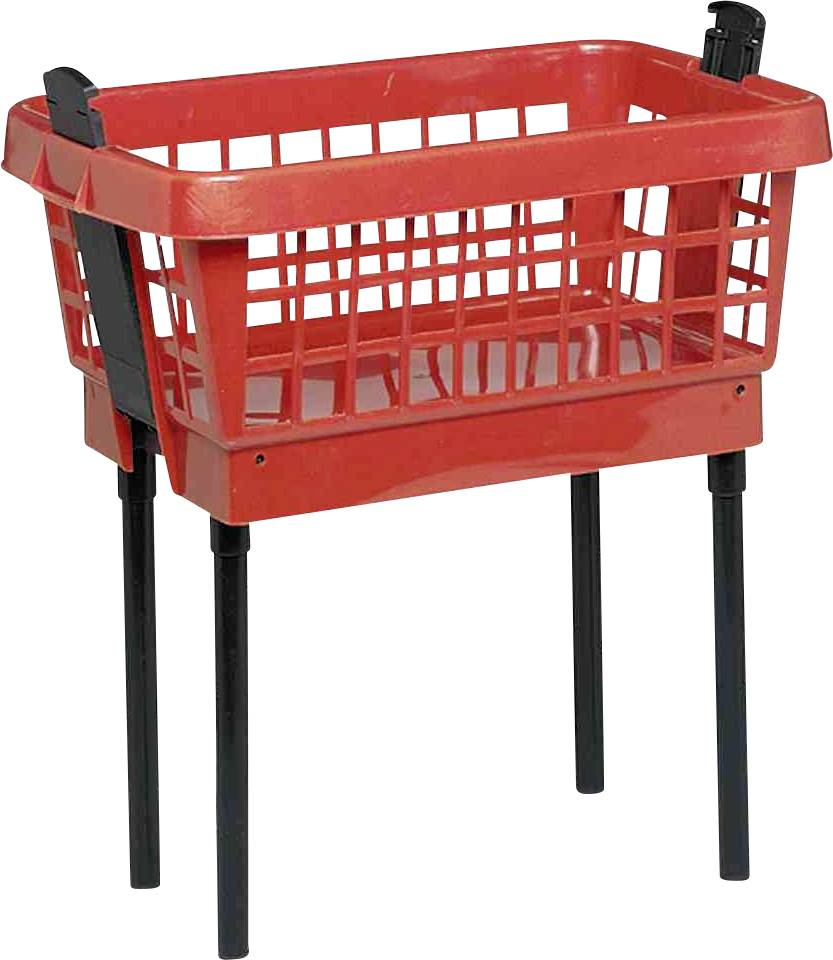 Roter Einkaufswagenkorb auf schwarzen Metallbeinen, freistehend.