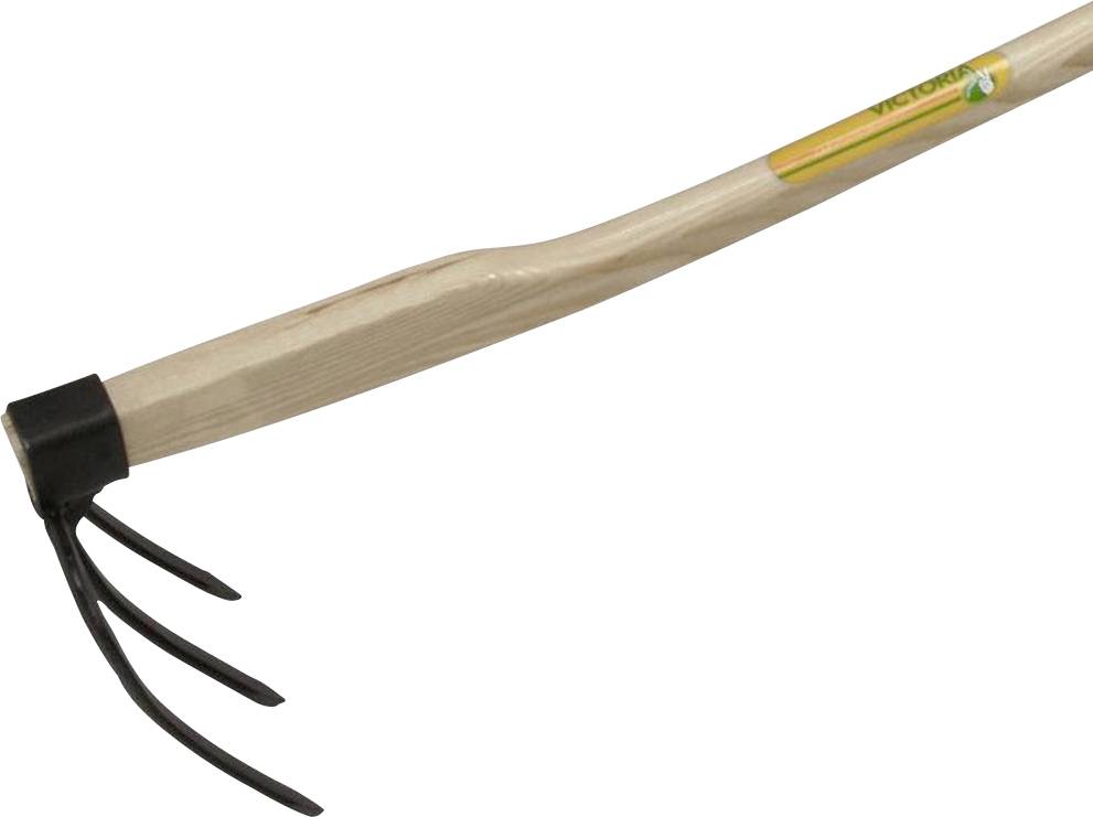 Holzgriff-Hacke mit drei Metallkrallen, nützlich für Gartenarbeit und Bodenlockerung.
