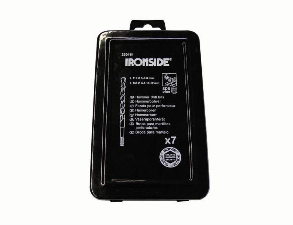 Bohraufsatz-Set 'IRONSIDE' für Bohrmaschinen, SDS-Plus, 7 Teile, Auflistung der Bits und Größen auf der Verpackung abgebildet.