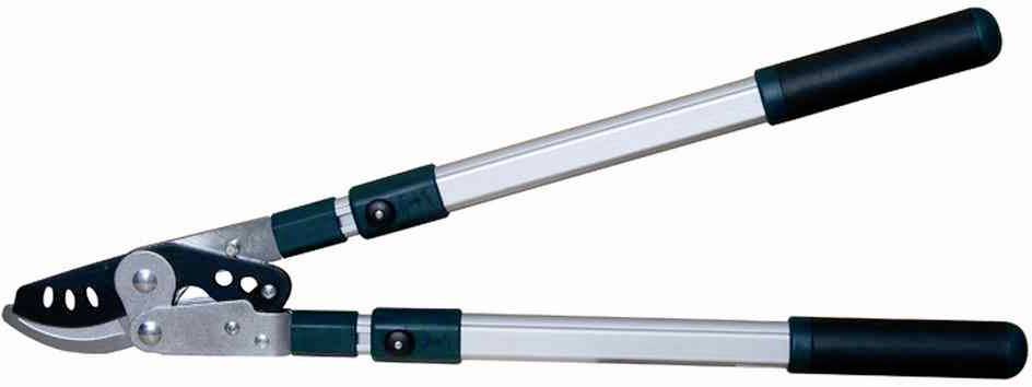 Eine Astschere mit langen Griffen und einer scharfen Klinge, die zum Schneiden von Ästen in einem Garten verwendet wird.