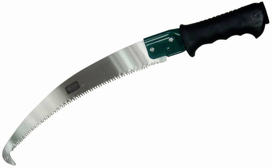 Hand-Astsäge mit gebogener Klinge und schwarzem Griff, verwendet zum Schneiden von Ästen und Bäumen.