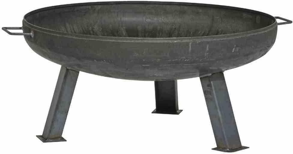 Metallschale auf drei Beinen, verwendet als Feuerschale für Garten- oder Außennutzung. Robuste Konstruktion, wetterfest.