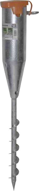 Metallanker mit Schraubgewinde und orangefarbenem Griff, zur sicheren Befestigung von Strukturen im Boden.