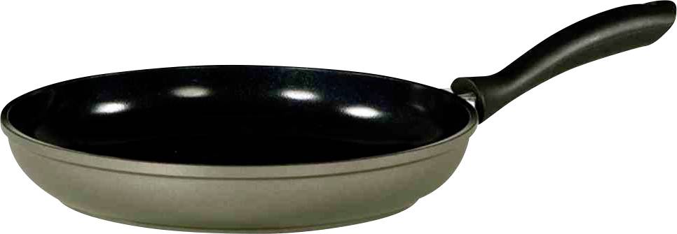 Eine schwarze Bratpfanne mit ergonomischem Griff, die auf einer ebenen Fläche liegt. Ideal zum Braten und Kochen.