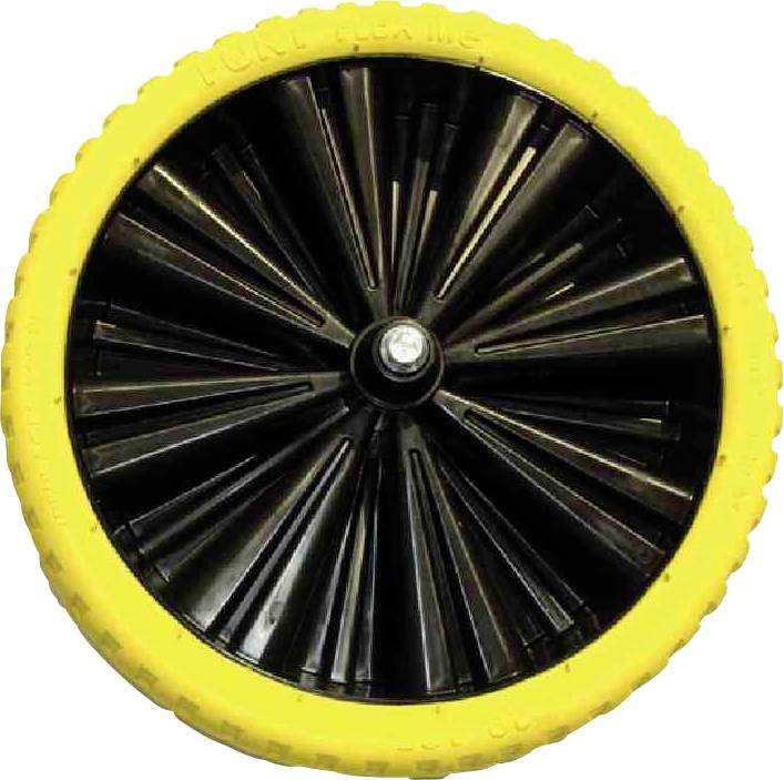 Schwarzes Radspeichen-Design mit breitem, gelbem Reifen.