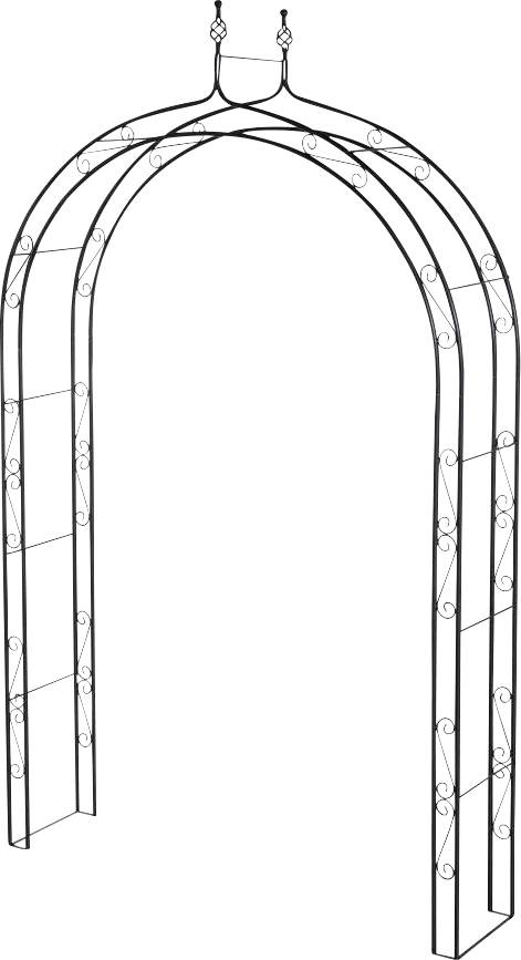 Metallbogen mit dekorativem Rankenmuster; wird oft als Gartenlaube oder als Unterstützungsrahmen für Kletterpflanzen verwendet.