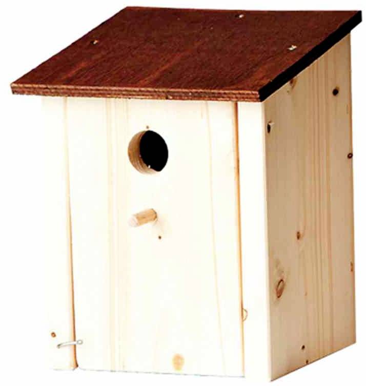 Holz-Nistkasten mit schrägem Dach und rundem Eingangsloch in der Mitte, geeignet für kleine Vögel.