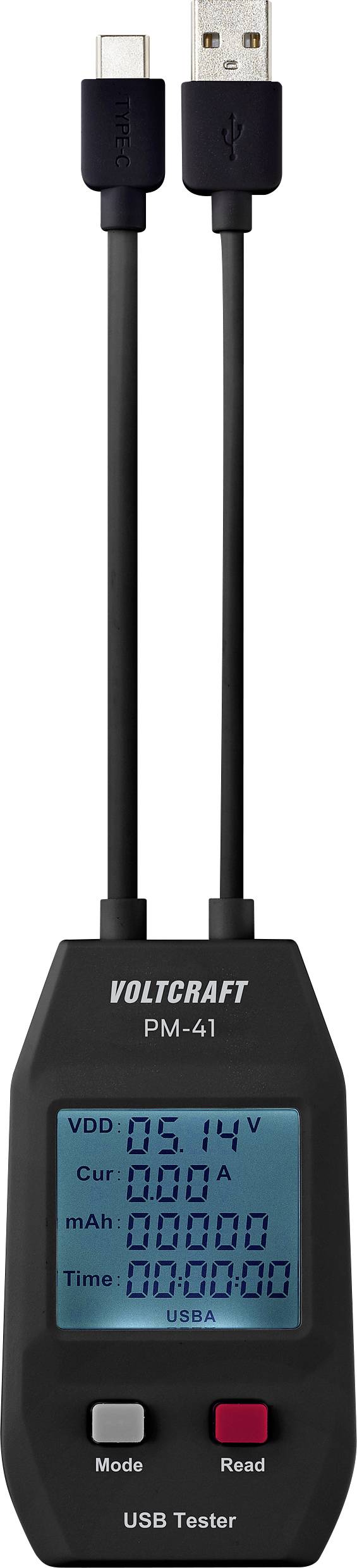 'VOLTKRAFT PM-41 USB-Tester' zeigt Spannung von 5,14 V, Strom 0,000 A, mit Knöpfen für Modus und Zurücksetzen. Zwei Kabel: USB-C und USB.