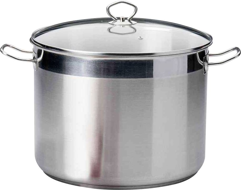 Ein großer Edelstahltopf mit Deckel und zwei Griffen, ideal zum Kochen großer Mengen.