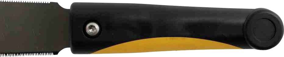 Ein schwarzer Griff mit gelbem Streifen, seitlich mit einer Metallschraube befestigt, vermutlich Teil eines Werkzeugs oder Geräts.