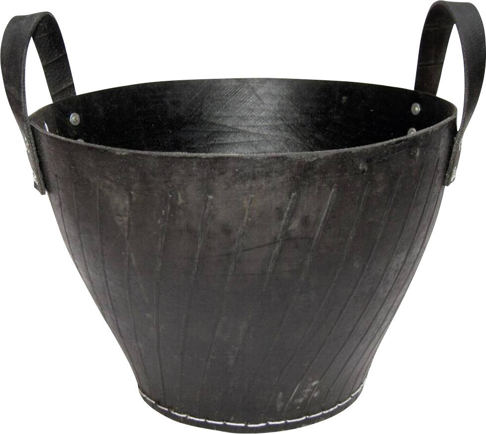 Schwarzer Eimer aus recyceltem Gummi mit zwei Griffen, konisch geformt. Wird oft für Gartenarbeit oder Lagerung verwendet.